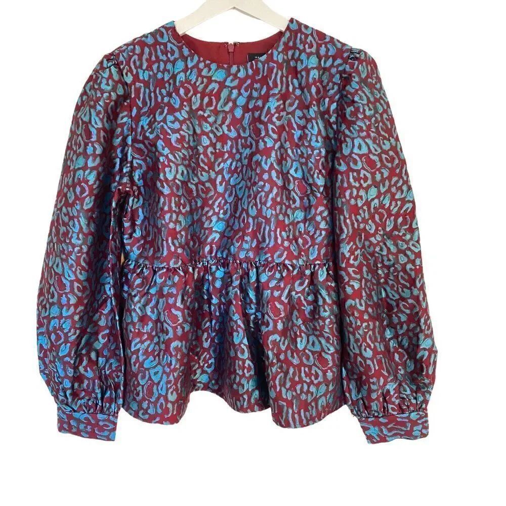 Halogen X Atlantic-Pacific NEW long sleeve peplum small red blue textured